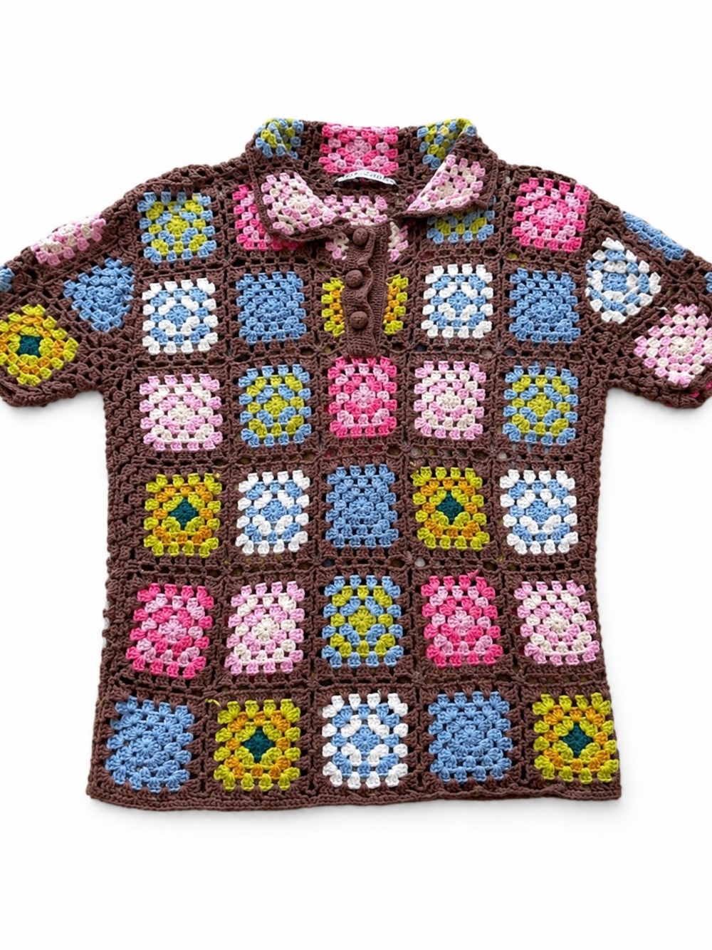 Zara Brown Crochet Polo Shirt with Multicolor Granny Squares M MSRP $65 19” PTP